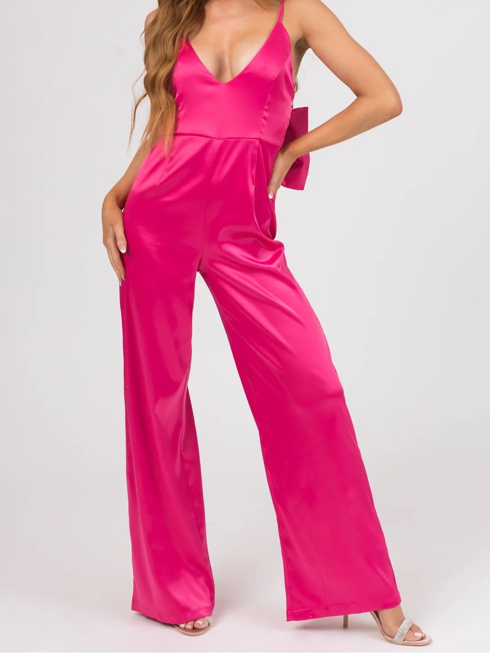 New Pink Magenta with Bow Back Hot Pink Satin V-Neck Wide-Leg Jumpsuit medium